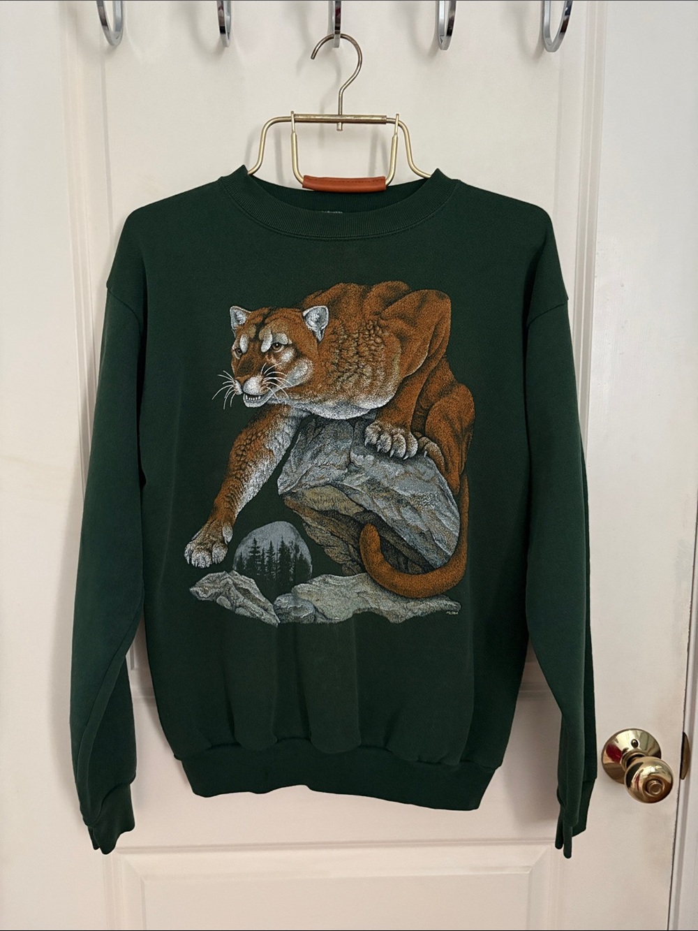 Forest Green Vintage Crewneck Sweatshirt with Mountain Cougar Graphic